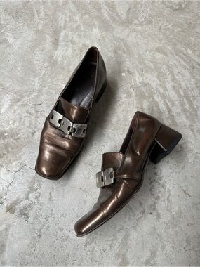 90’s Vintage Prada loafers 38 copper brown block heel square toe silver hardware